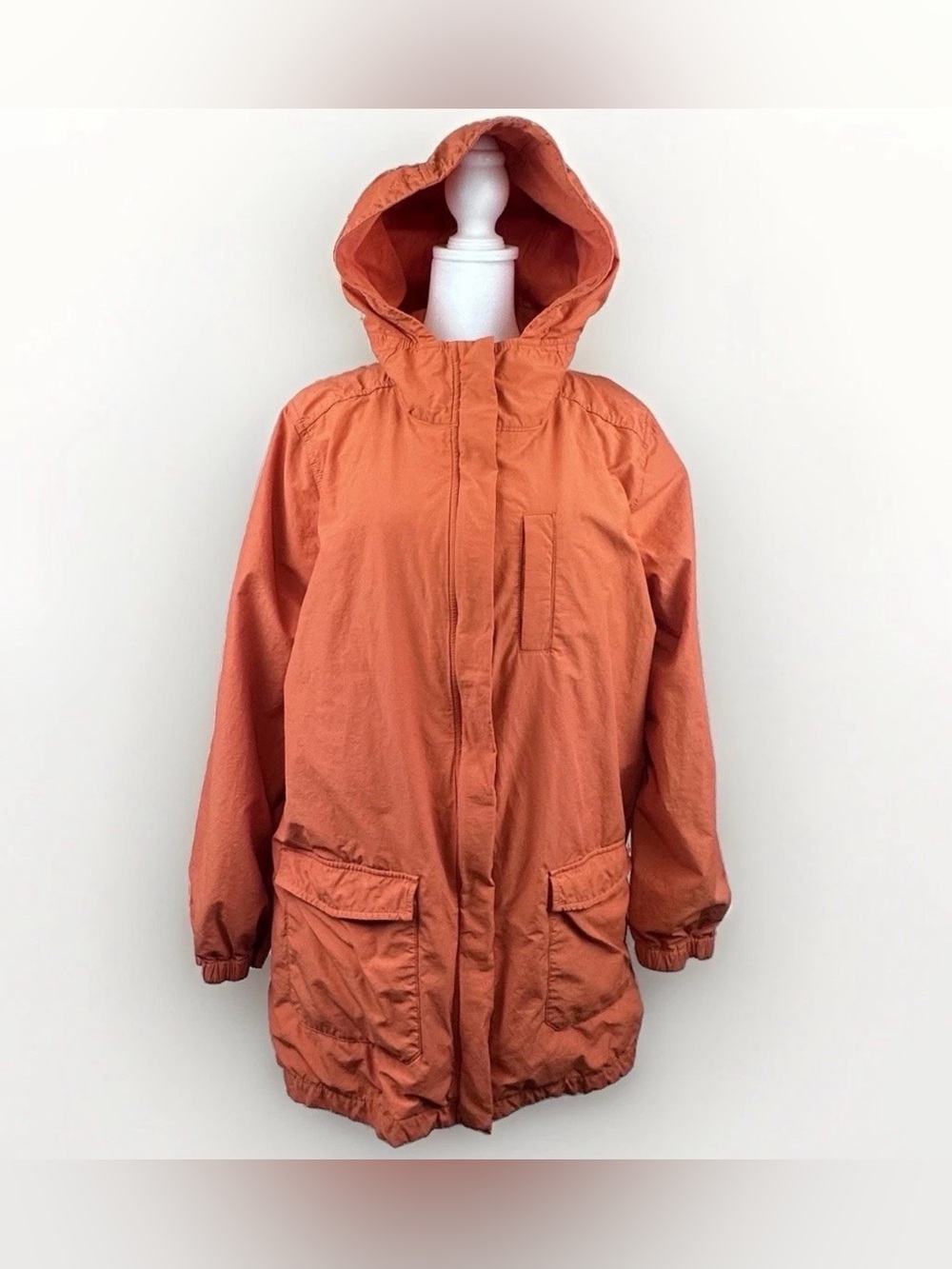 Eileen Fisher Womens L Orange Hooded Anorak Jacket Organic Cotton Lagenlook